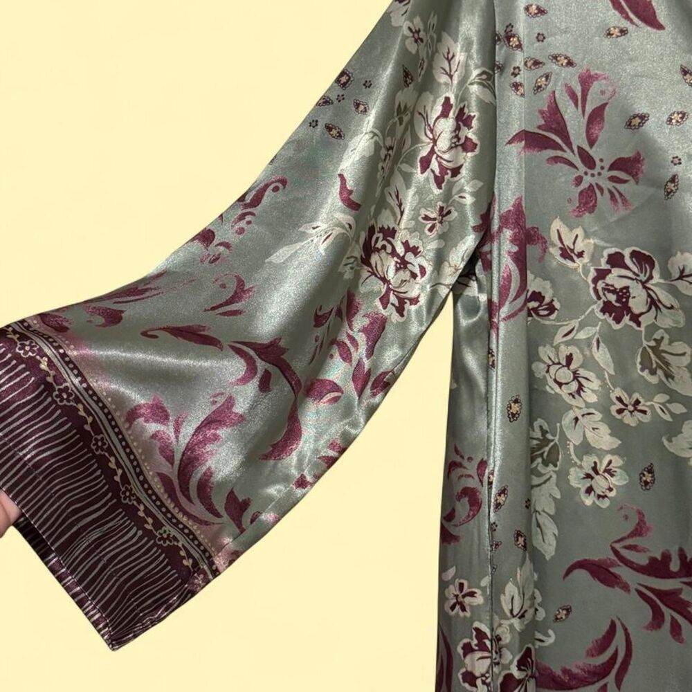 VTG Halston Satin Floral Caftan Maxi Dress | Sage Burgundy Y2K Boho Luxe sz M - Picture 4 of 9